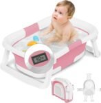 Collapsible Baby Bathtub with Soft Cushion and Built-in Thermometer for Newborns and Toddlers