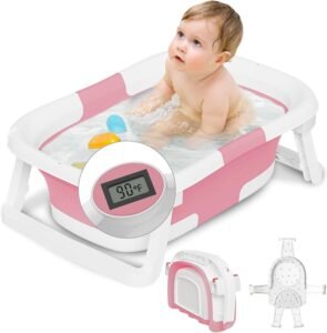 Collapsible Baby Bathtub with Soft Cushion and Built-in Thermometer for Newborns and Toddlers