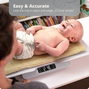 “Greater Goods Digital Baby Scale with backlit LCD display, white tray for weighing infants and toddlers”