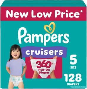 Pampers Diapers Cruisers 360 Size 5, 128 Count – Leakproof pull-on baby diapers with 360° stretchy waistband, hypoallergenic, easy to wear and change