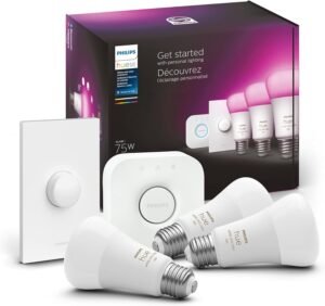 Philips Hue Smart Light Starter Kit with bridge, button, and 75W bulbs