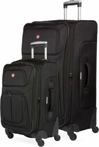 SwissGear Sion Softside Expandable Luggage Black 2-Piece Set with 21-Inch Carry-On and 25-Inch Checked Spinner — Durable Travel Suitcase with 360-Degree Spinner Wheels and Expandable Storage”