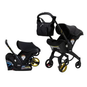 "Doona Car Seat & Stroller Midnight Edition all-in-one travel system in stroller mode with black canopy and wheels"